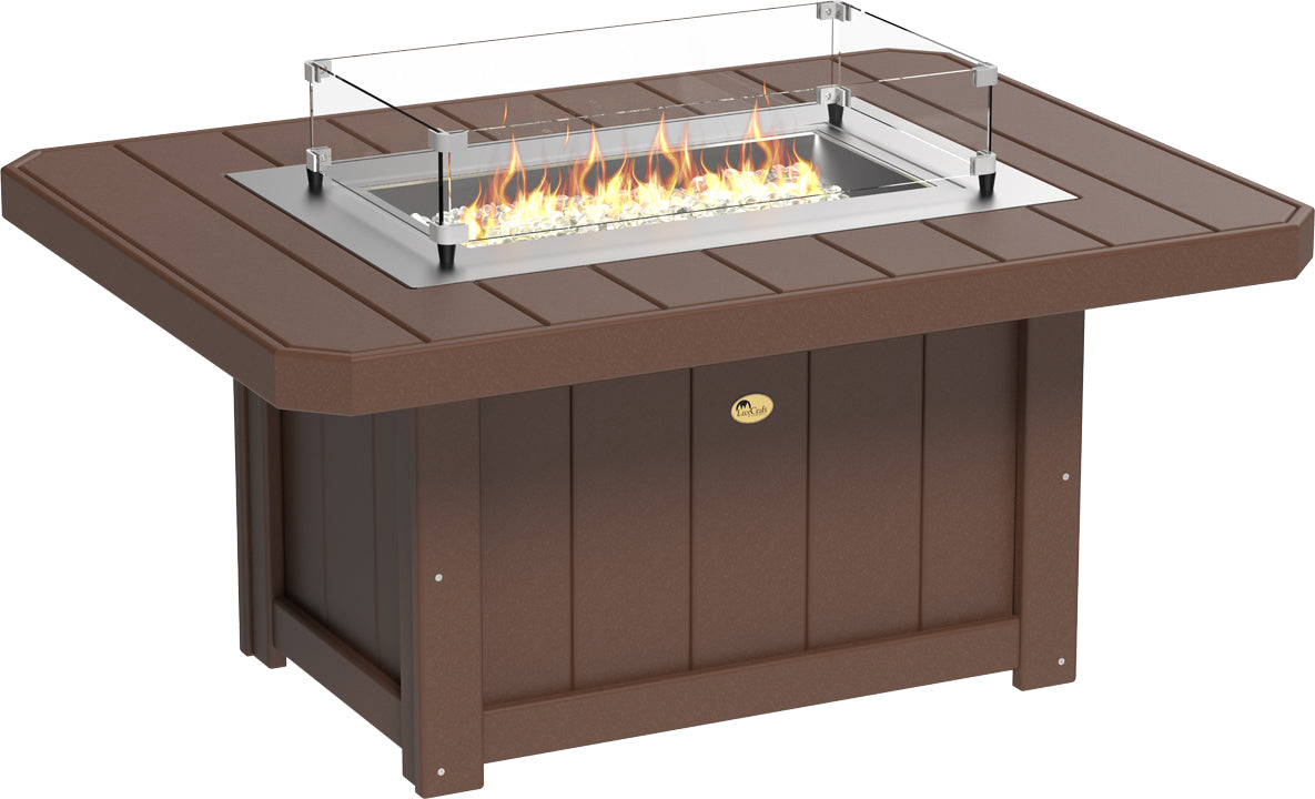 Brown rectangular fire pit table with a stainless steel burner and glass wind guard, designed for outdoor use.