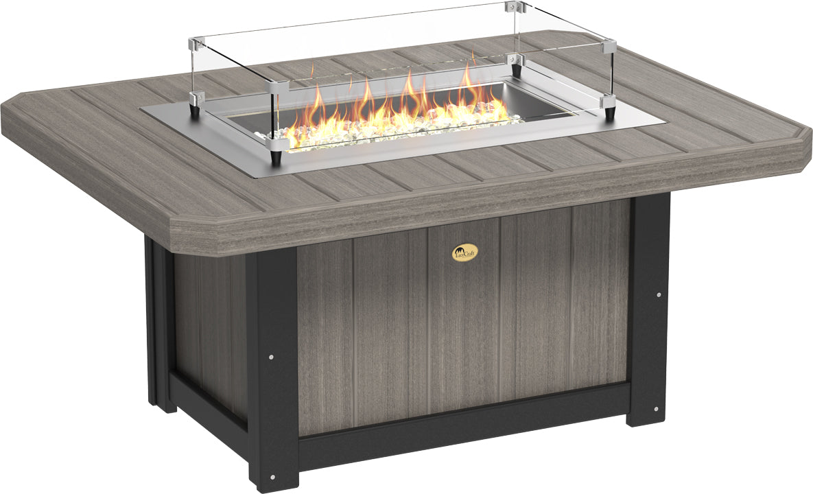 Rectangular LuxCraft Lumin 51" Fire Pit Table with a sleek grey and black design, features a glass wind guard and reflective fire gems.