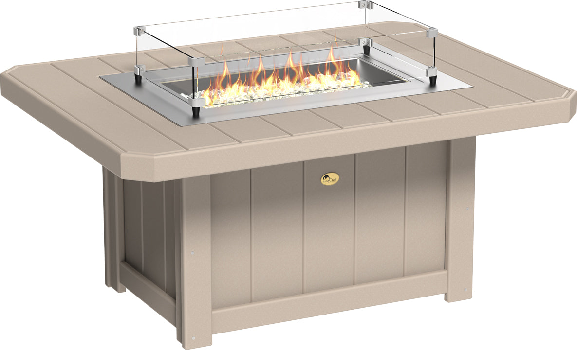 Rectangular beige fire pit table featuring a stainless steel burner and tempered glass wind guard. Ideal for outdoor gatherings.