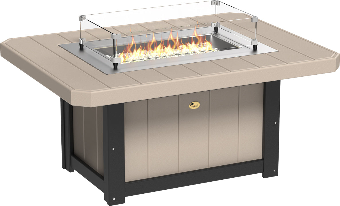 LuxCraft Lumin 51" rectangular fire pit table features a tan HDPE top, stainless steel burner, and glass wind guard.