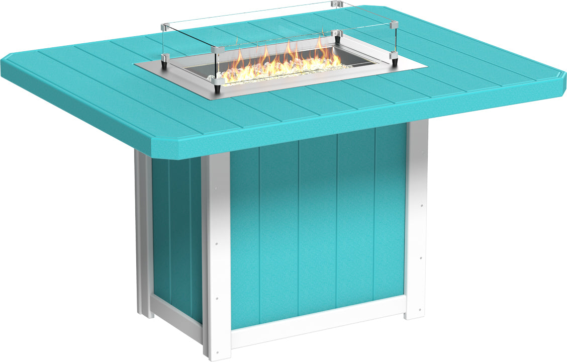 Rectangular counter height fire table in bright turquoise with stainless steel burner and glass wind guard.