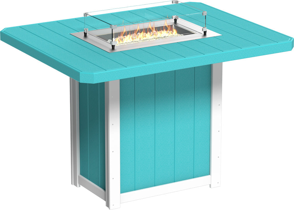 Bar height fire table in teal HDPE with stainless steel burner and glass wind guard, ideal for outdoor gatherings.