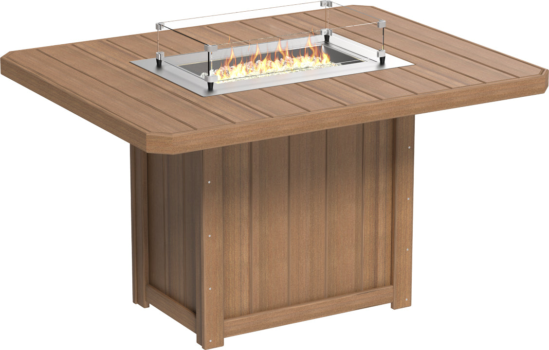 Rectangular counter-height fire table in a warm brown finish, featuring a stainless steel burner and glass wind guard.