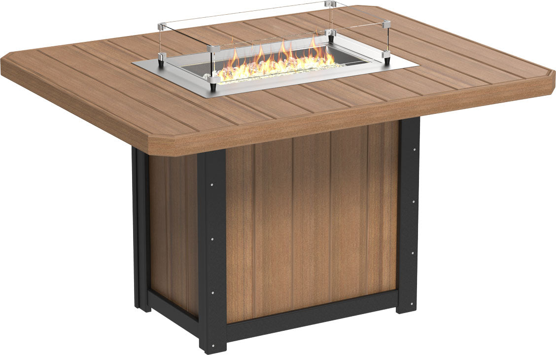 Rectangular counter height fire table with a wood-style finish, stainless steel burner, and clear glass wind guard.