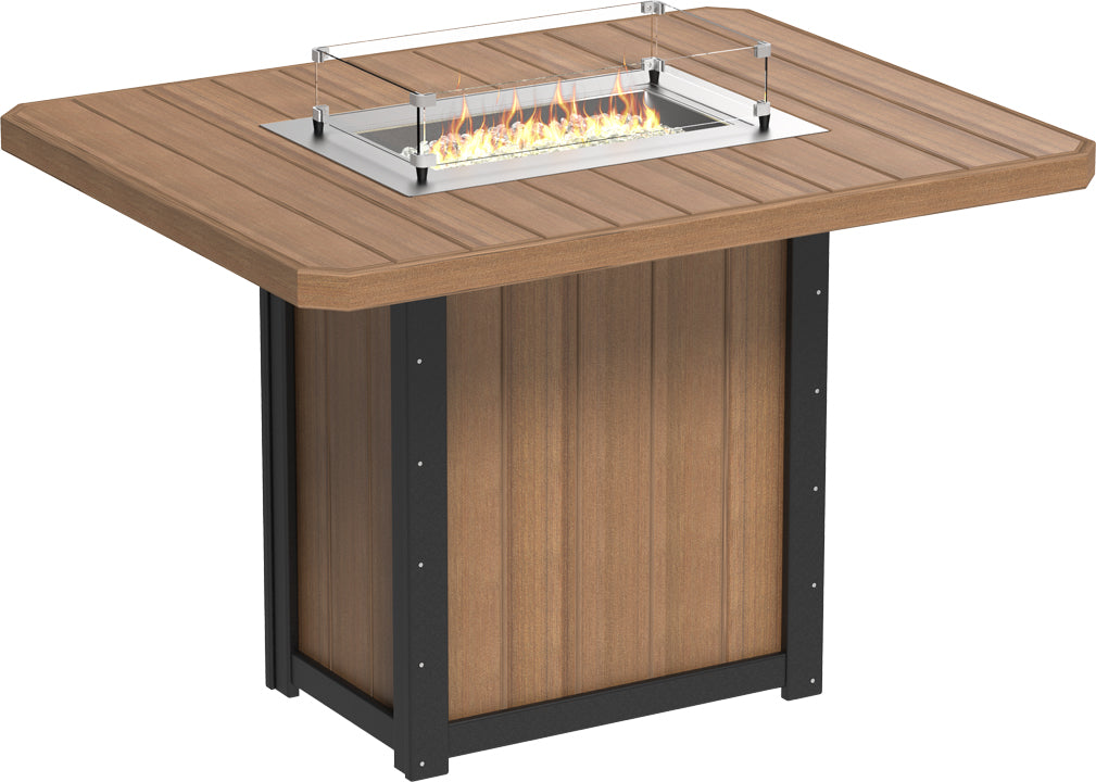Rectangular bar height fire table in brown HDPE with stainless steel burner, featuring a glass wind guard and flame.