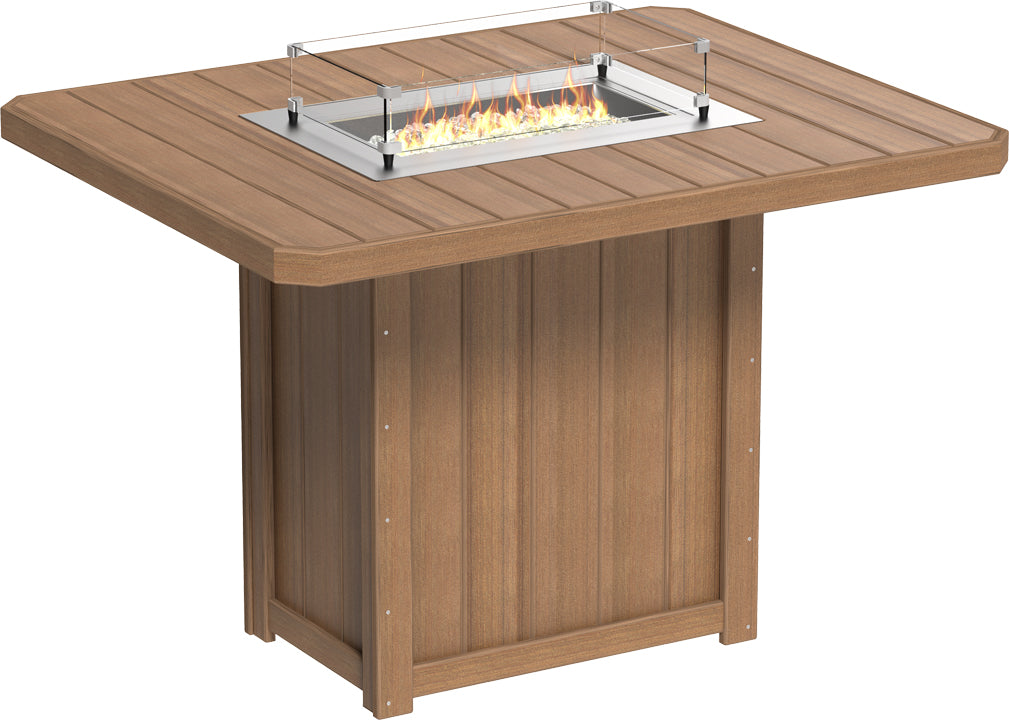 LuxCraft Lumin 62" rectangular bar height fire table in brown HDPE, featuring a stainless steel burner and tempered glass wind guard.
