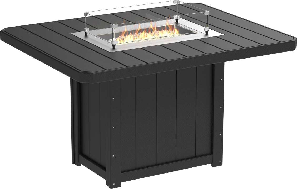 Rectangular counter height fire table in black HDPE, with a stainless steel burner and glass wind guard, showcasing a modern design.