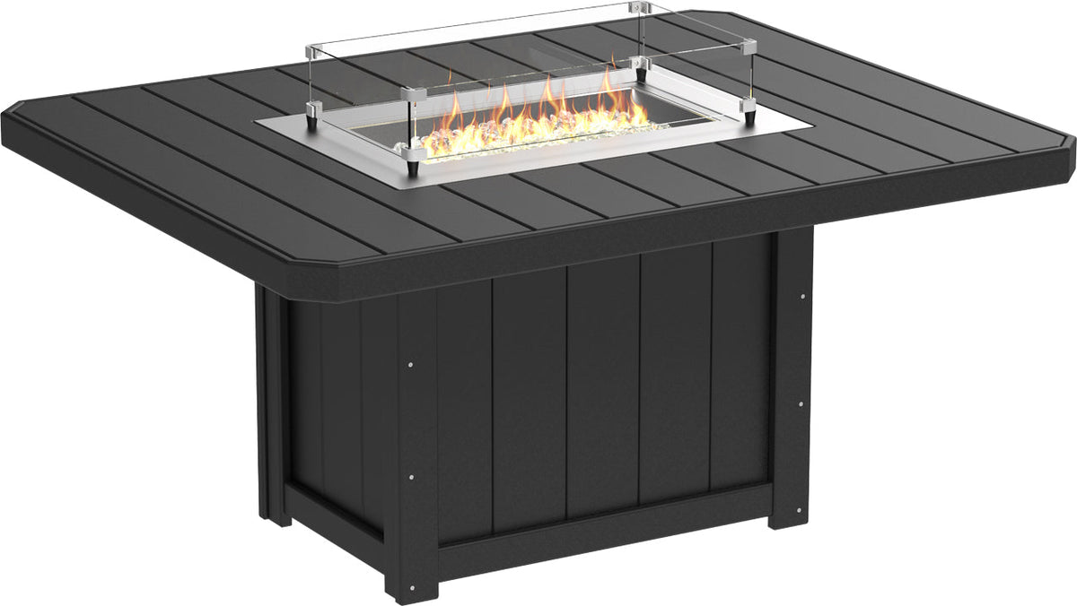 Rectangular fire table with a sleek black HDPE frame, stainless steel burner, and glass wind guard, ideal for outdoor dining.