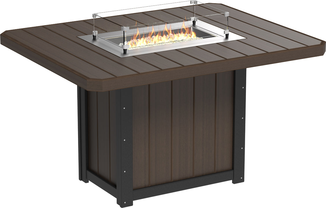 Rectangular 62" brown HDPE fire table with a stainless steel burner and glass wind guard, perfect for outdoor gatherings.