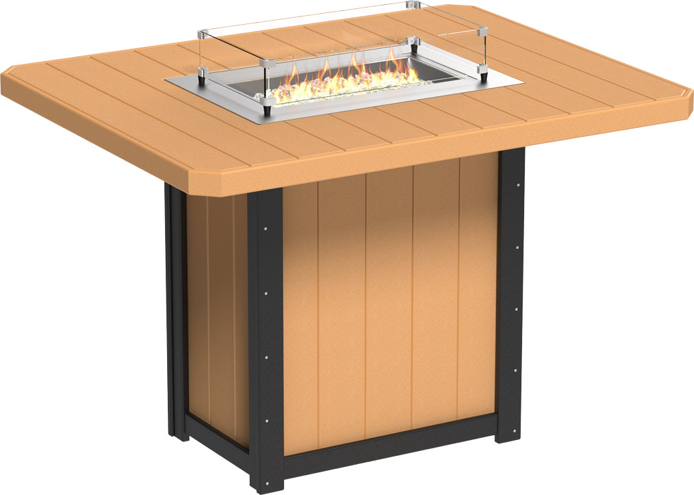 LuxCraft Lumin 62" rectangular bar height fire table with a tan HDPE top, stainless steel burner, and glass wind guard.
