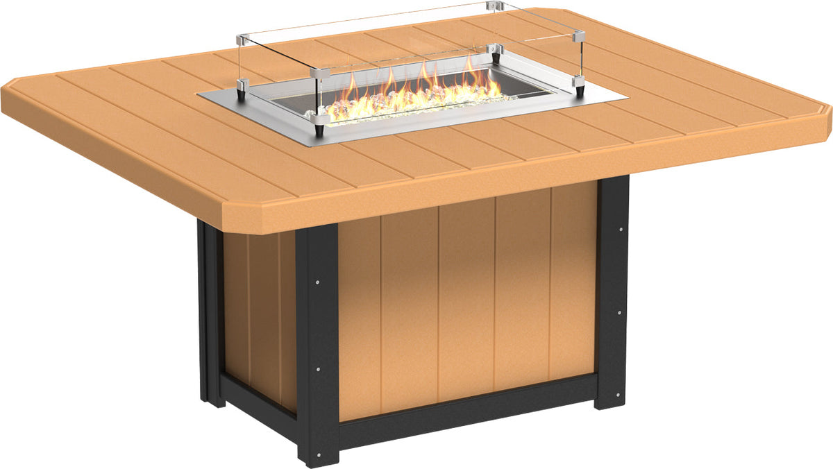 Rectangular 62" dining height fire table in light brown with stainless steel burner and glass wind guard.