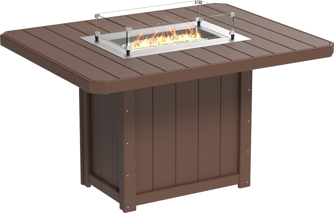 Rectangular counter height fire table in brown HDPE, featuring a stainless steel burner and tempered glass wind guard.