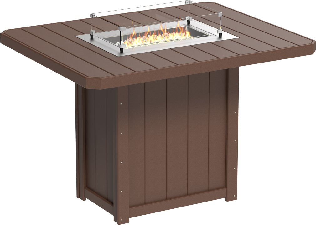 Rectangular bar-height fire table in dark brown HDPE with glass wind guard and stainless steel burner, perfect for outdoor gatherings.