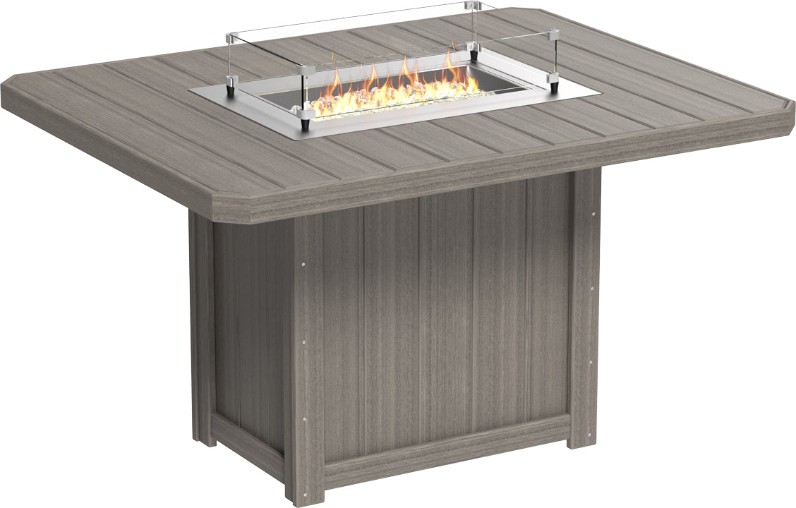 Rectangular counter height fire table with a durable gray poly lumber top and stainless steel burner, featuring a glass wind guard.