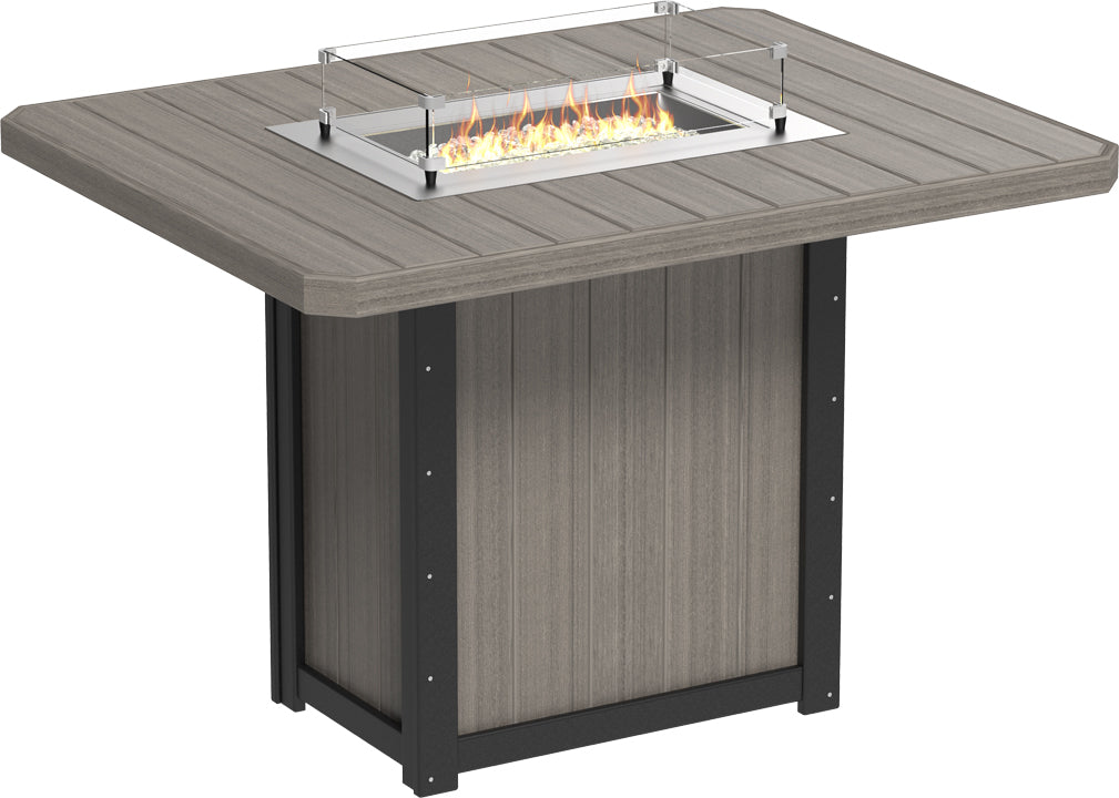 Rectangular bar-height fire table with a gray wood-like surface, stainless steel burner, and tempered glass wind guard.