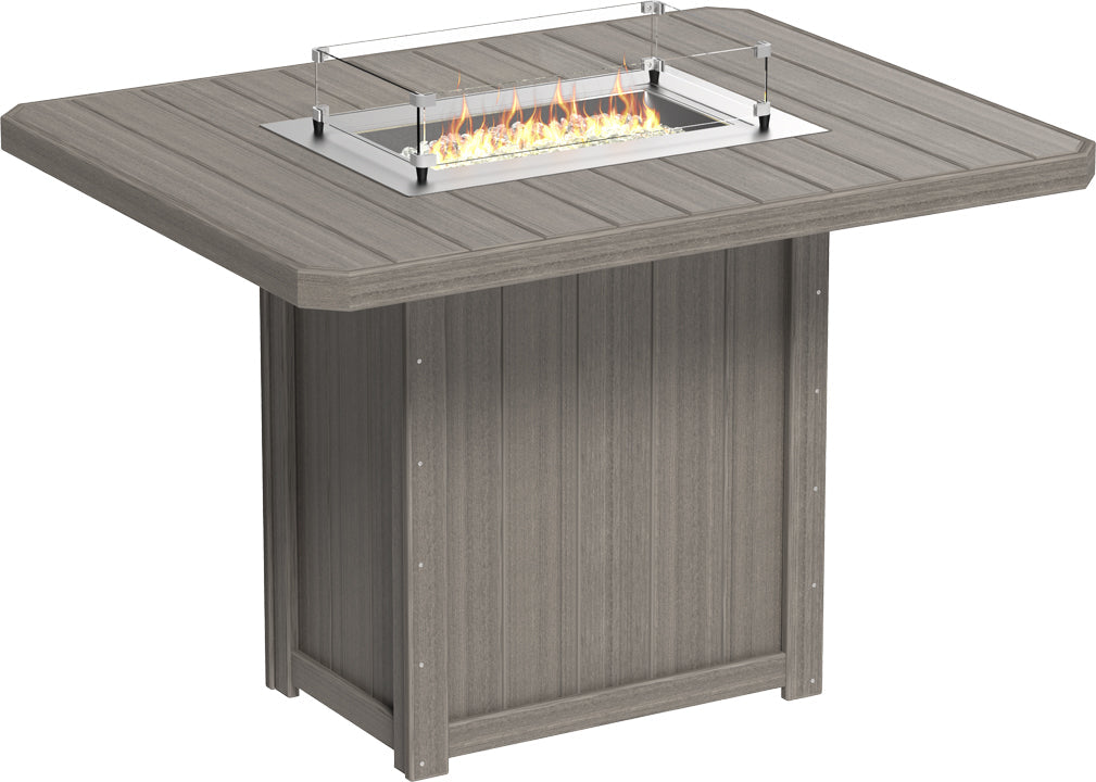 Rectangular bar-height fire table made of gray HDPE poly lumber, featuring a stainless steel burner and glass wind guard.