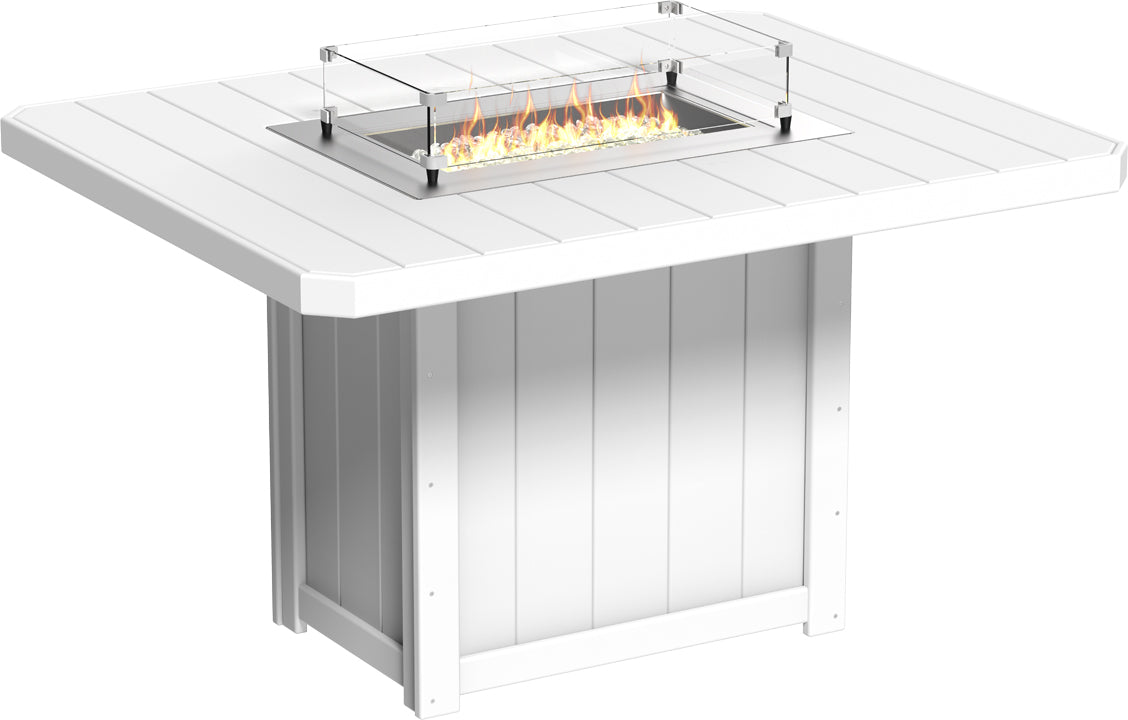 Rectangular, white fire table with a glass wind guard, stainless steel burner, and fire glass gems for outdoor use.