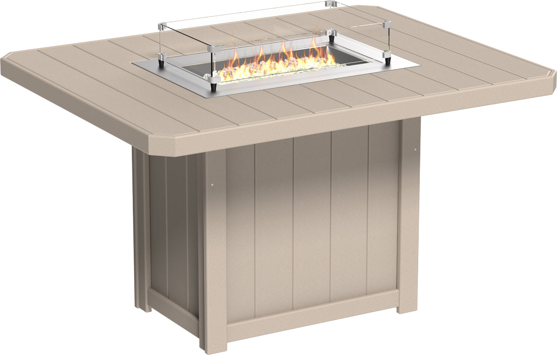 Rectangular counter height fire table in beige, featuring a stainless steel burner and glass wind guard.