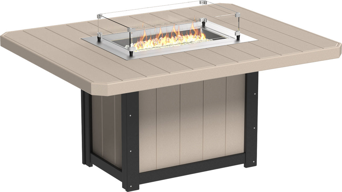 LuxCraft Lumin 62" rectangular dining height fire table in beige with stainless steel burner and glass wind guard.