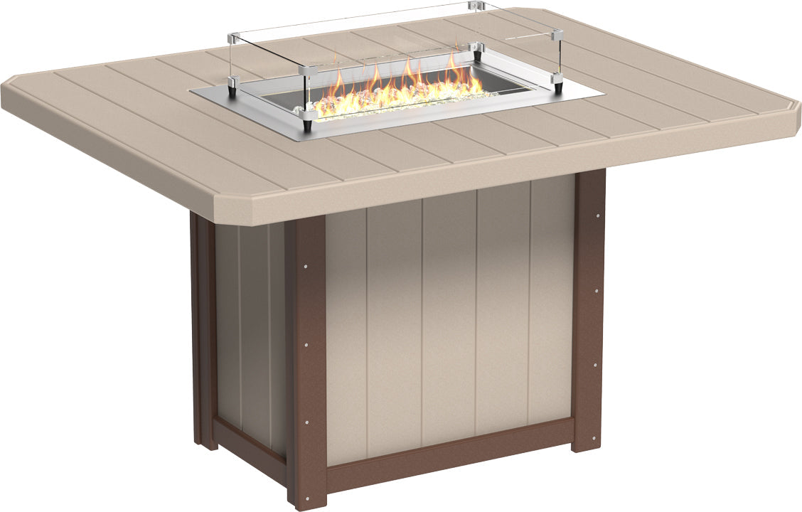 Rectangular counter height fire table in beige and brown, featuring a stainless steel burner surrounded by fire glass gems.