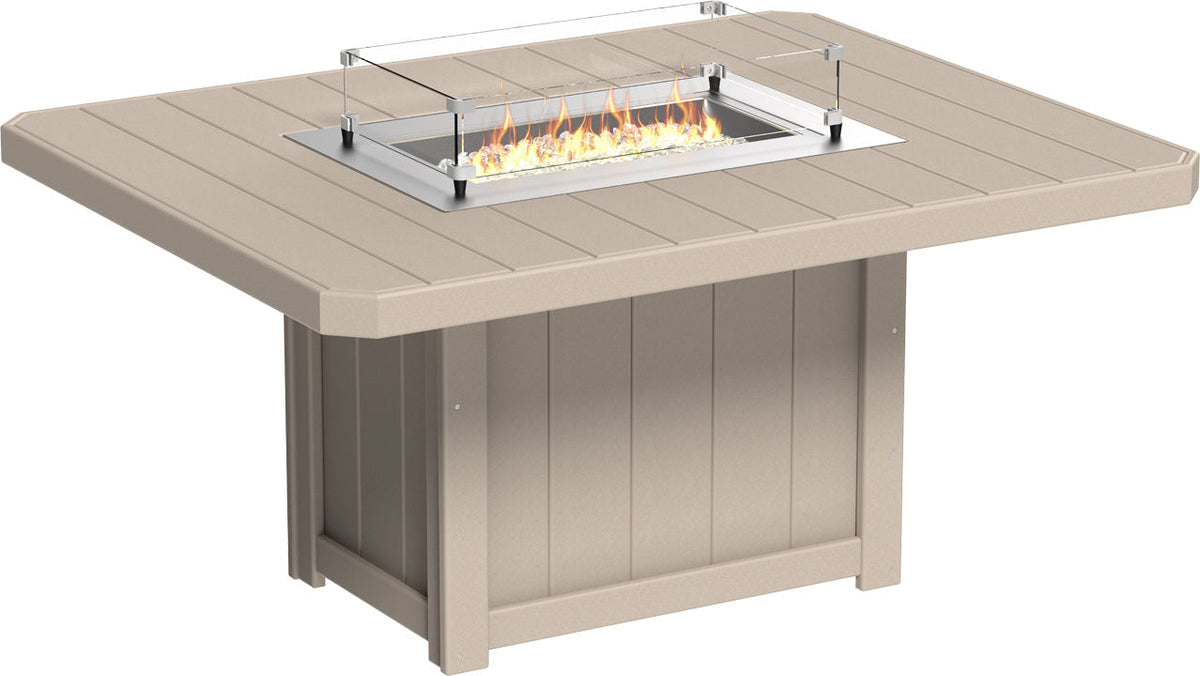 Rectangular 62" fire table in beige with stainless steel burner and tempered glass wind guard, designed for outdoor dining.