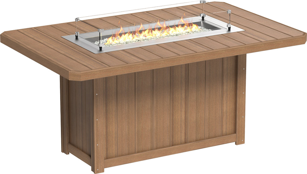 Rectangular 79" counter-height fire table with a brown weather-resistant poly lumber frame and stainless steel burner.
