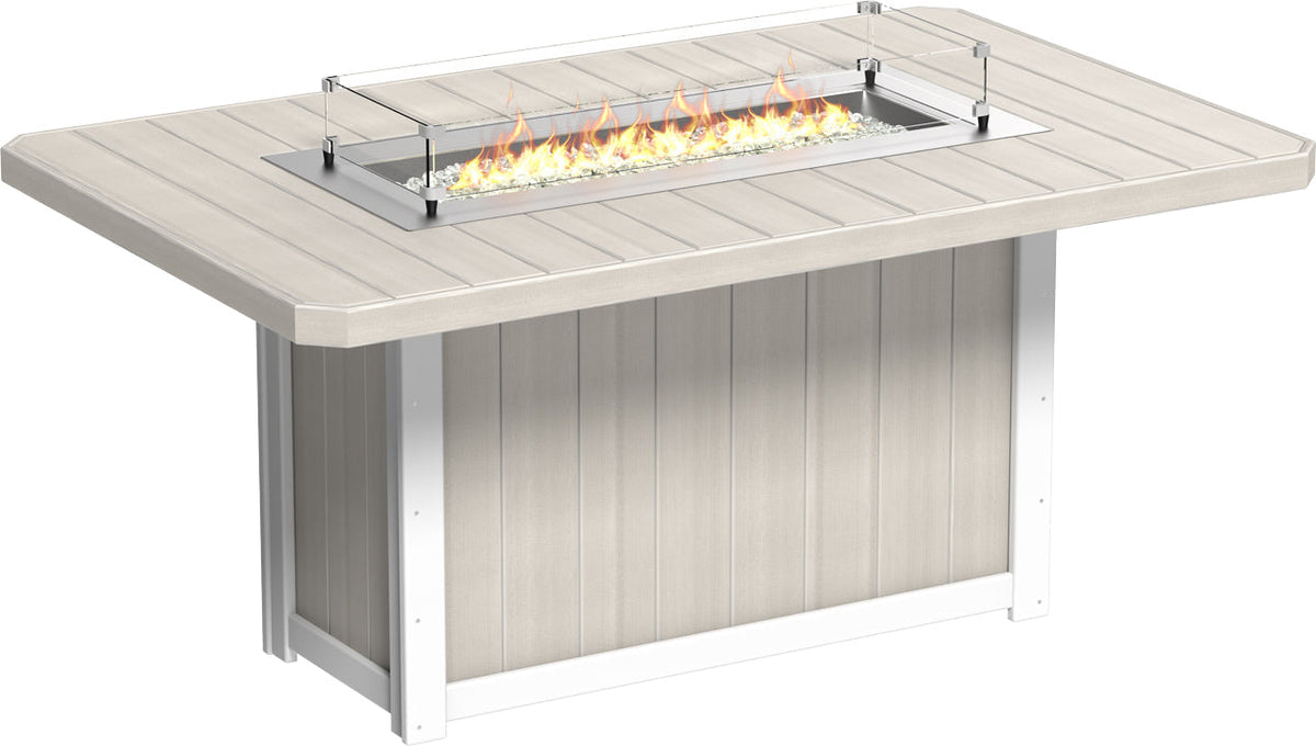 Rectangular counter-height fire table featuring a stainless steel burner and tempered glass wind guard, in a light color.