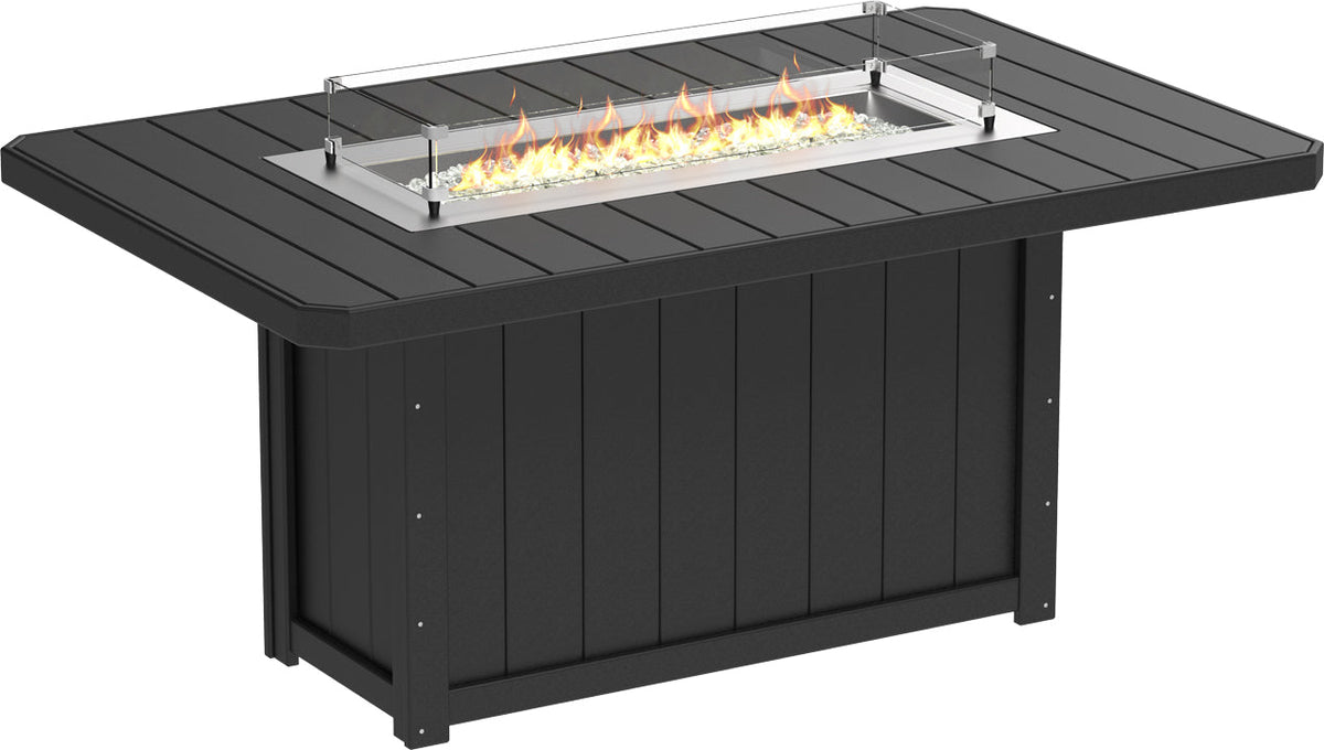 Rectangular 79" black fire table with a stainless steel burner and glass wind guard, designed for counter height seating.