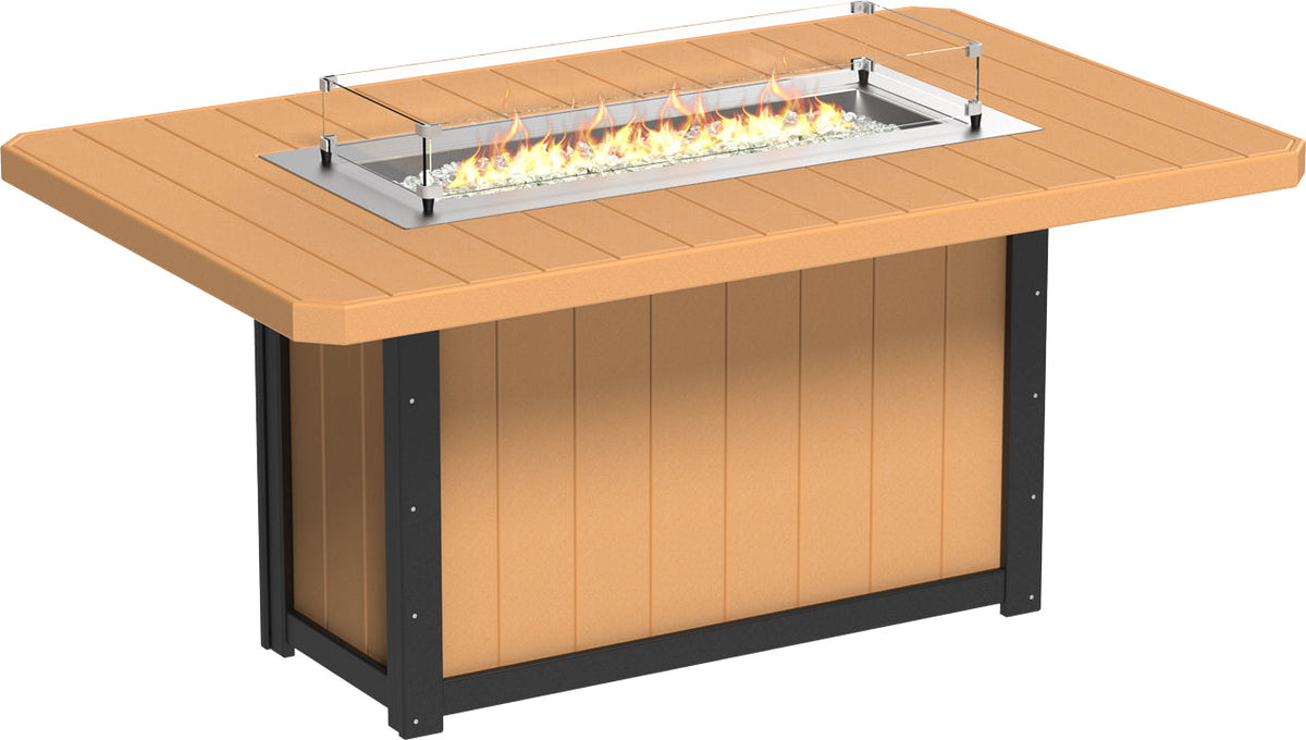 79" rectangular counter height fire table with a textured orange top, stainless steel burner, and black base.