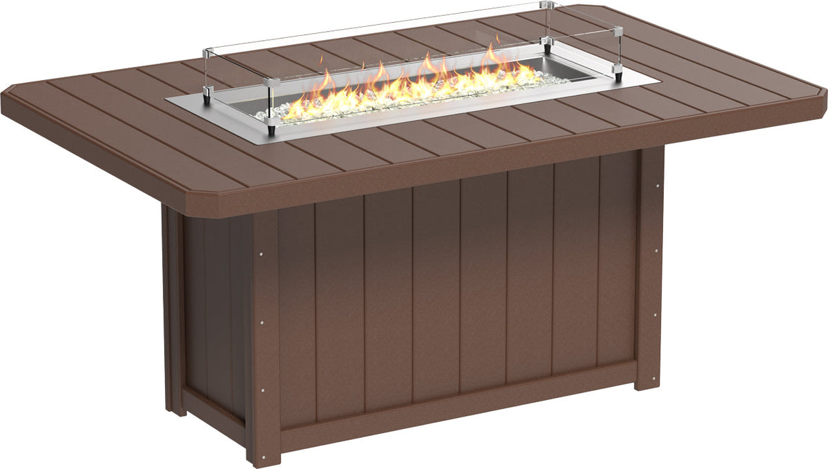 Rectangular counter height fire table in a rich brown finish with a stainless steel burner and glass wind guard.