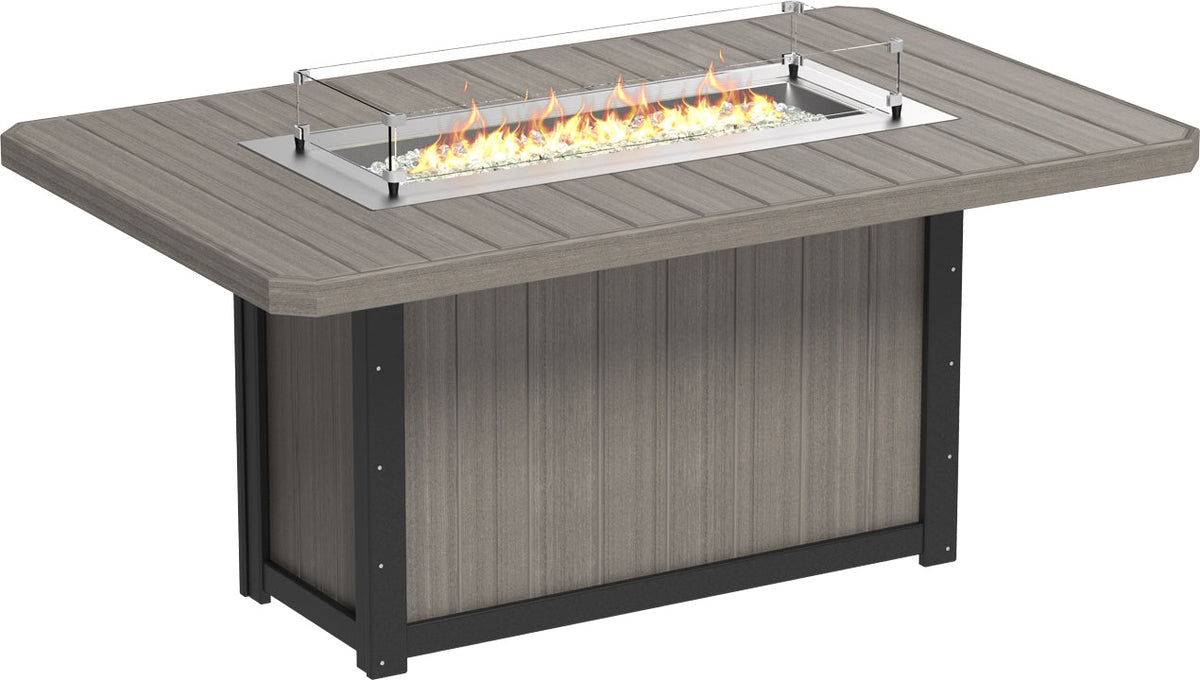 Rectangular counter height fire table with a gray HDPE wood-like finish and stainless steel burner with glass wind guard.