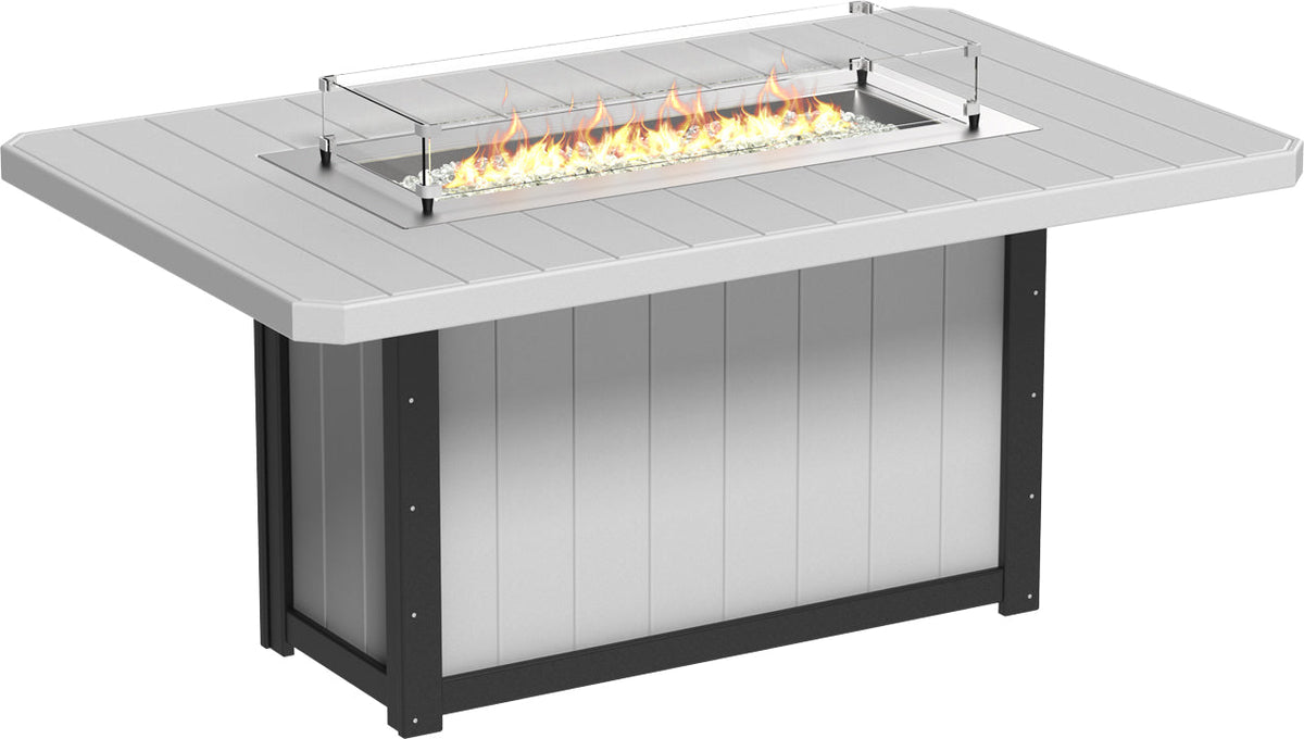 Rectangular counter height fire table with a gray HDPE surface, stainless steel burner, and tempered glass wind guard.