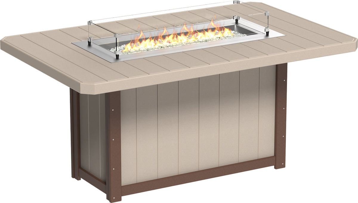 LuxCraft Lumin 79" rectangular counter height fire table featuring a rectangular stainless steel burner with flames and fire glass.