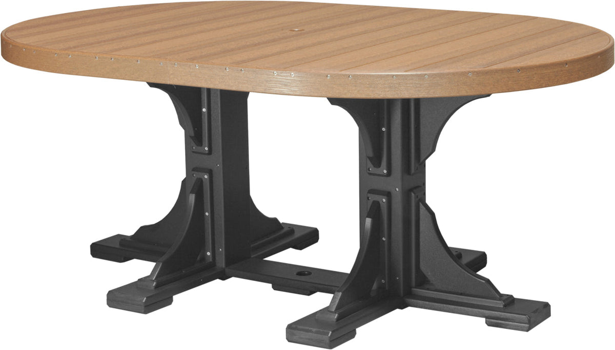 LuxCraft Deluxe Poly 4' x 6' oval table set featuring a durable brown poly top and black heavy-duty base, with an umbrella hole.