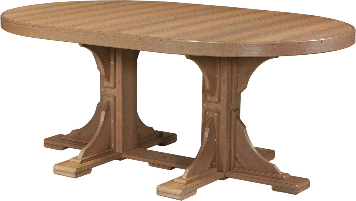 LuxCraft Deluxe Poly 4' x 6' oval dining table, featuring a smooth wooden surface, robust base, and a center umbrella hole.