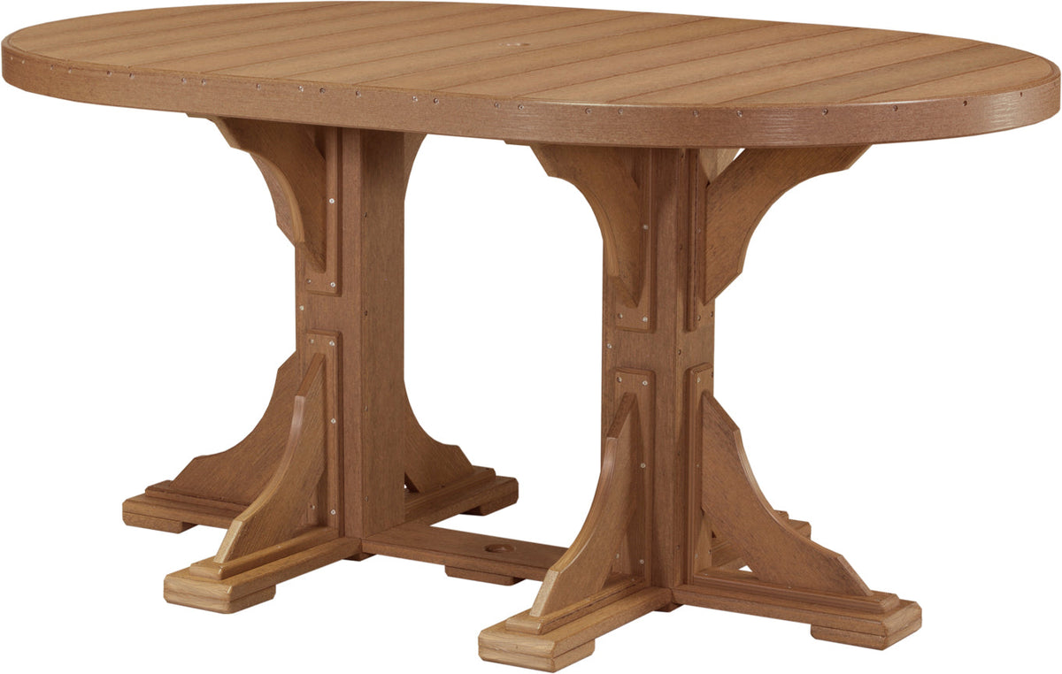 LuxCraft Deluxe Poly 4' x 6' oval table set in a warm brown finish, featuring smooth slats and sturdy architectural supports.
