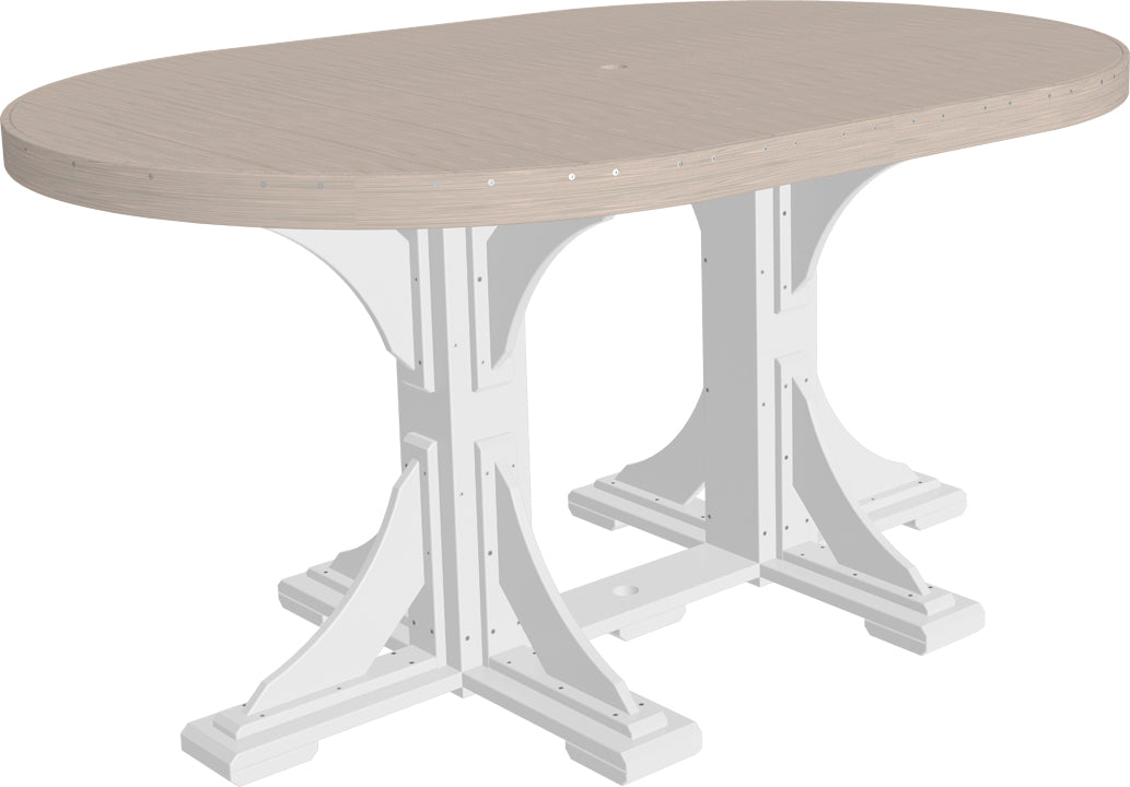 LuxCraft Deluxe Poly 4' x 6' oval dining table in light wood finish with white supports, featuring a built-in umbrella hole.