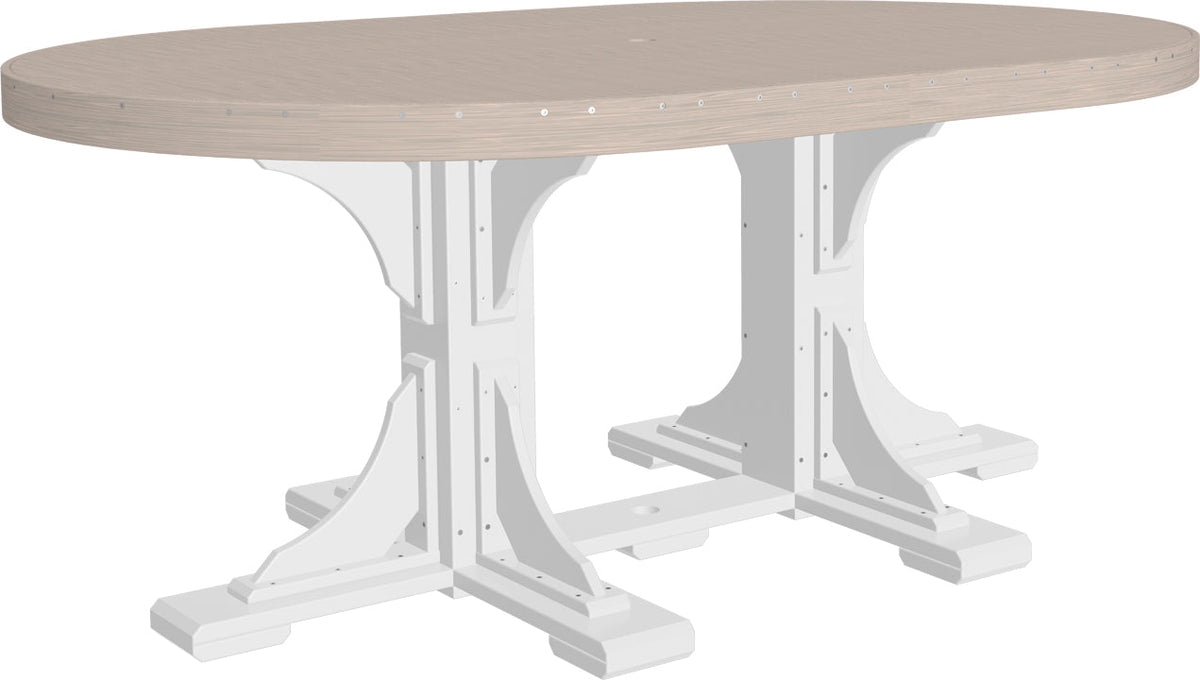 Oval dining table with a light gray wood finish and white base, designed to seat six, featuring a center umbrella hole.