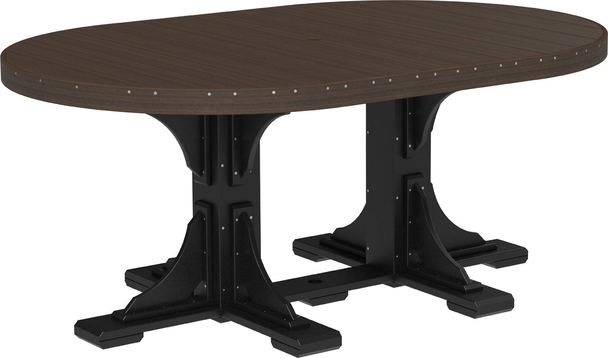 LuxCraft Deluxe Poly 4' x 6' oval dining table in dark wood with stainless steel accents and a center umbrella hole.