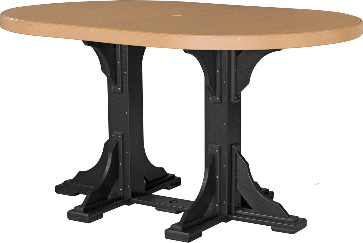 LuxCraft Deluxe Poly 4' x 6' oval dining table with a tan top and black base, featuring a center umbrella hole.