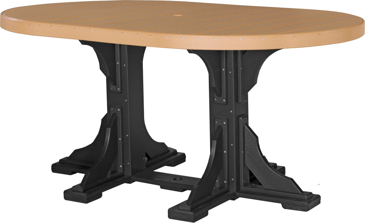 LuxCraft Deluxe Poly 4' x 6' oval table with a brown top and black base, featuring a center umbrella hole and sturdy design.