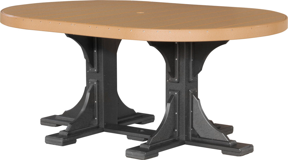 LuxCraft Deluxe Poly 4' x 6' oval table in brown with a sturdy black base, featuring an umbrella hole and durable material.