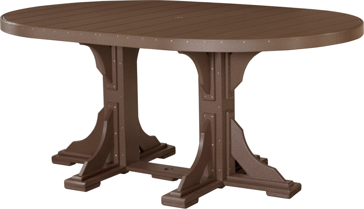 LuxCraft Deluxe Poly 4' x 6' oval dining table in brown, features a slatted top and sturdy pedestal base, umbrella hole included.