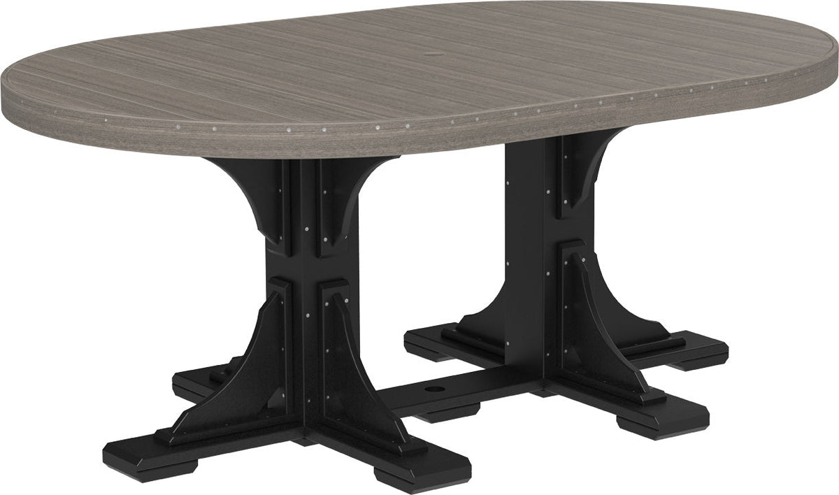 Oval dining table featuring a gray wood-like top with black bases, designed for six-person seating with an umbrella hole.