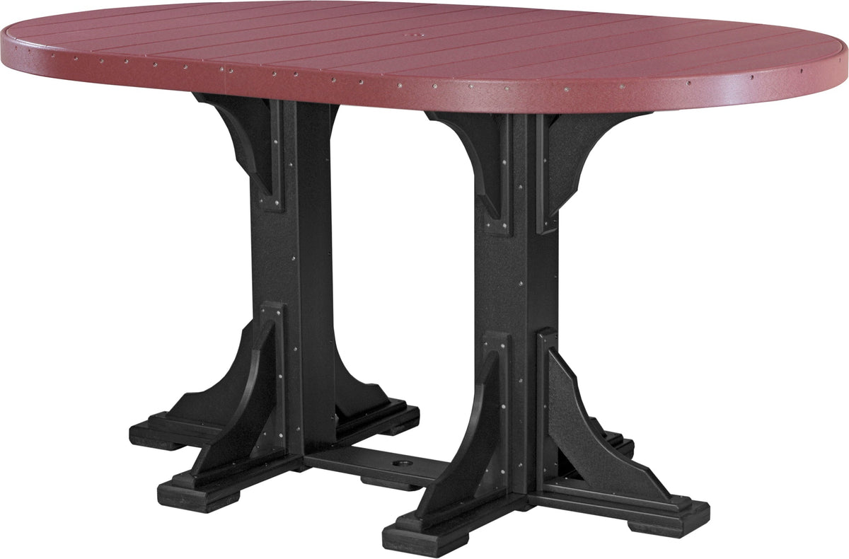 LuxCraft Deluxe Poly 4' x 6' oval table in a rich maroon color with black base, designed for six people, features an umbrella hole.
