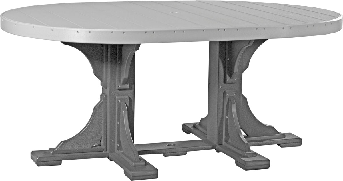 LuxCraft Deluxe Poly 4' x 6' oval patio dining table, features a smooth surface, gray poly lumber, and integrated umbrella hole.