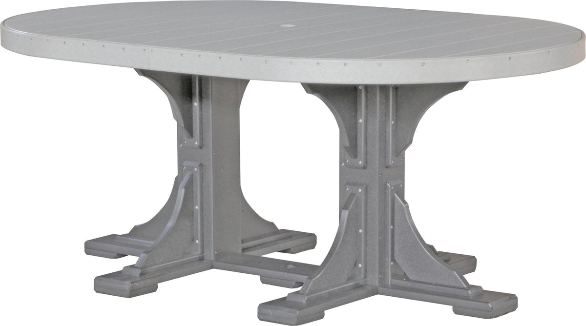 LuxCraft Deluxe Poly 4' x 6' oval dining table with a gray HDPE surface and sturdy marine-grade stainless steel bases.