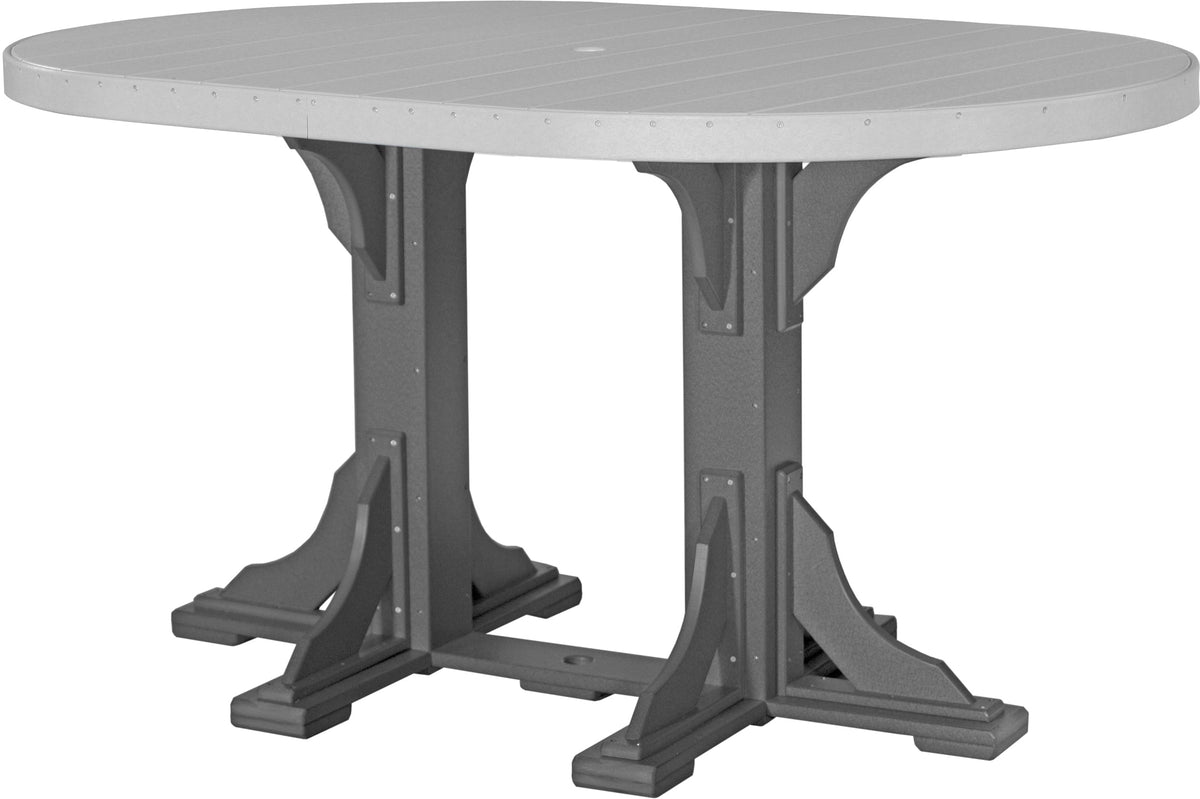 LuxCraft Deluxe Poly 4' x 6' oval dining table in gray, featuring sturdy legs, umbrella hole, and a smooth surface.
