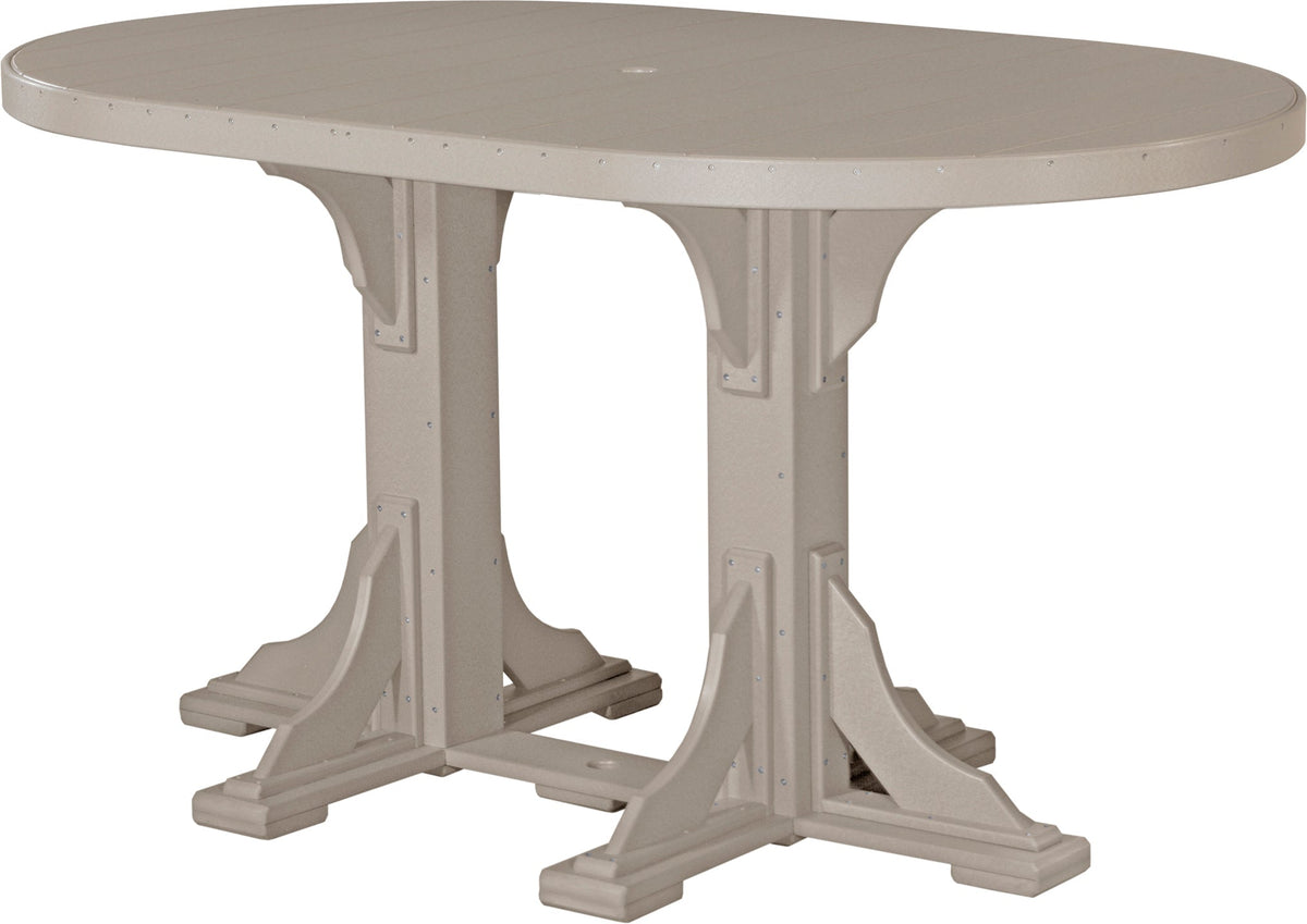 LuxCraft Deluxe Poly 4' x 6' oval dining table in a light beige color, designed with curved edges and sturdy marine-grade legs.