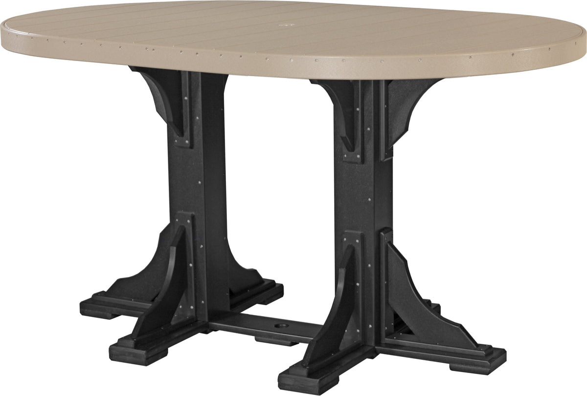 LuxCraft Deluxe Poly 4' x 6' oval dining table in beige with black support legs, designed for six-person seating.